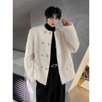 Men's Double-breasted Woolen jacket Cardigan Autumn Winter Trend Collarless Jacket Fashion Korean Style Chic Elgance Coat